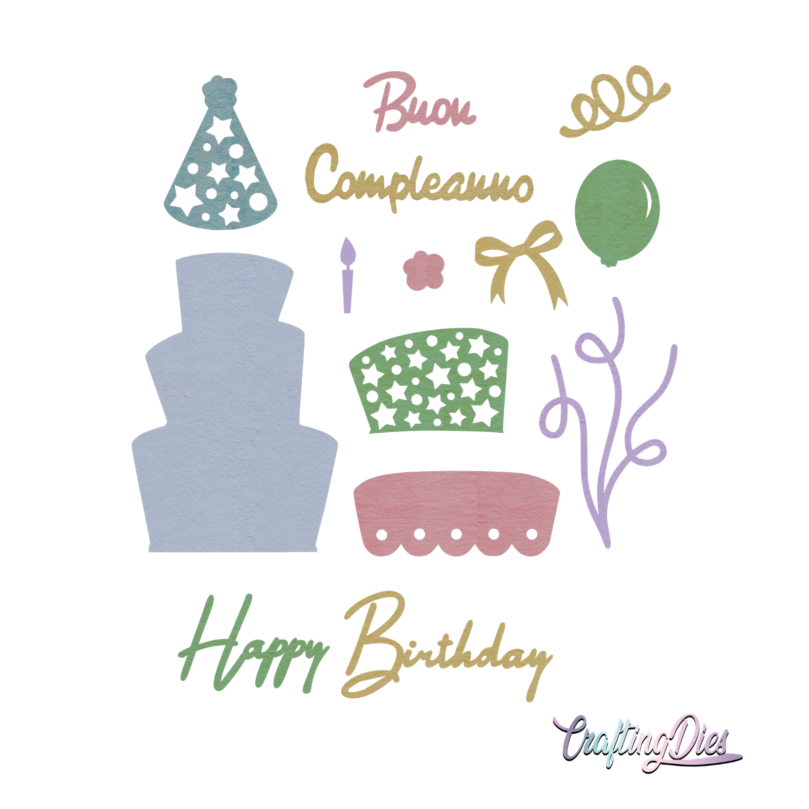 Fustella Set Buon Compleanno & Happy Birthday, Per Applicazione Su Biglietti e Inviti, Decorativi e Lineari